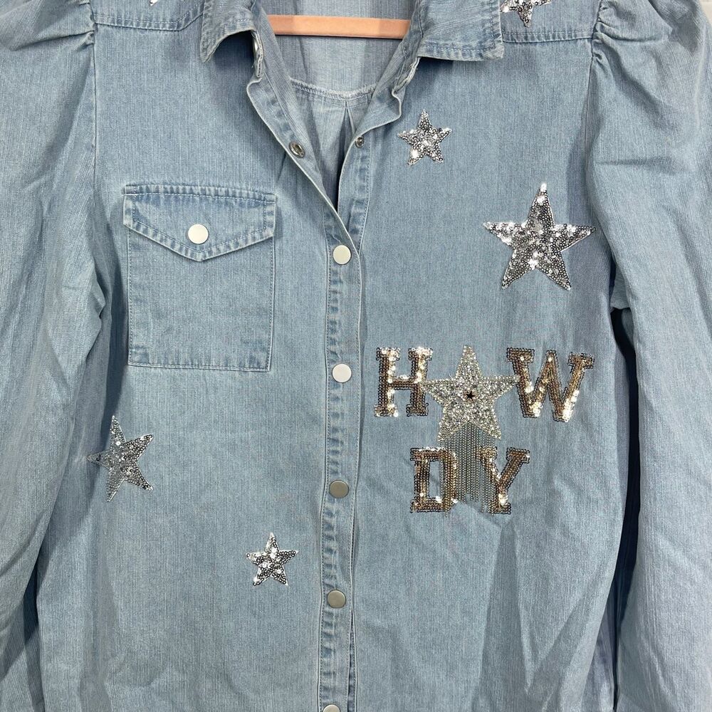 Cowgirl Shirt Women Large Cotton Snap Button Chambray Sequin Western Chic Top - Picture 9 of 13